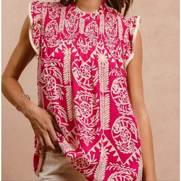 **BiBi Printed Ruffle Sleeve Top Pink and White Batik Print Women's Top - Picture 10 of 15